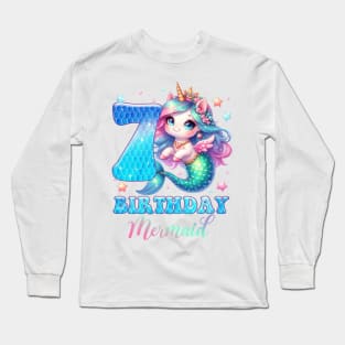 Unicorn Mermaid 7th Birthday 7 Year Old Party Girls B-day Gift For Girls Kids Long Sleeve T-Shirt